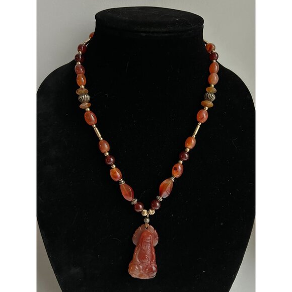 14k GF Carnelian Agate Beaded Necklace with Carved Guan Yin Buddhist - Picture 3 of 13